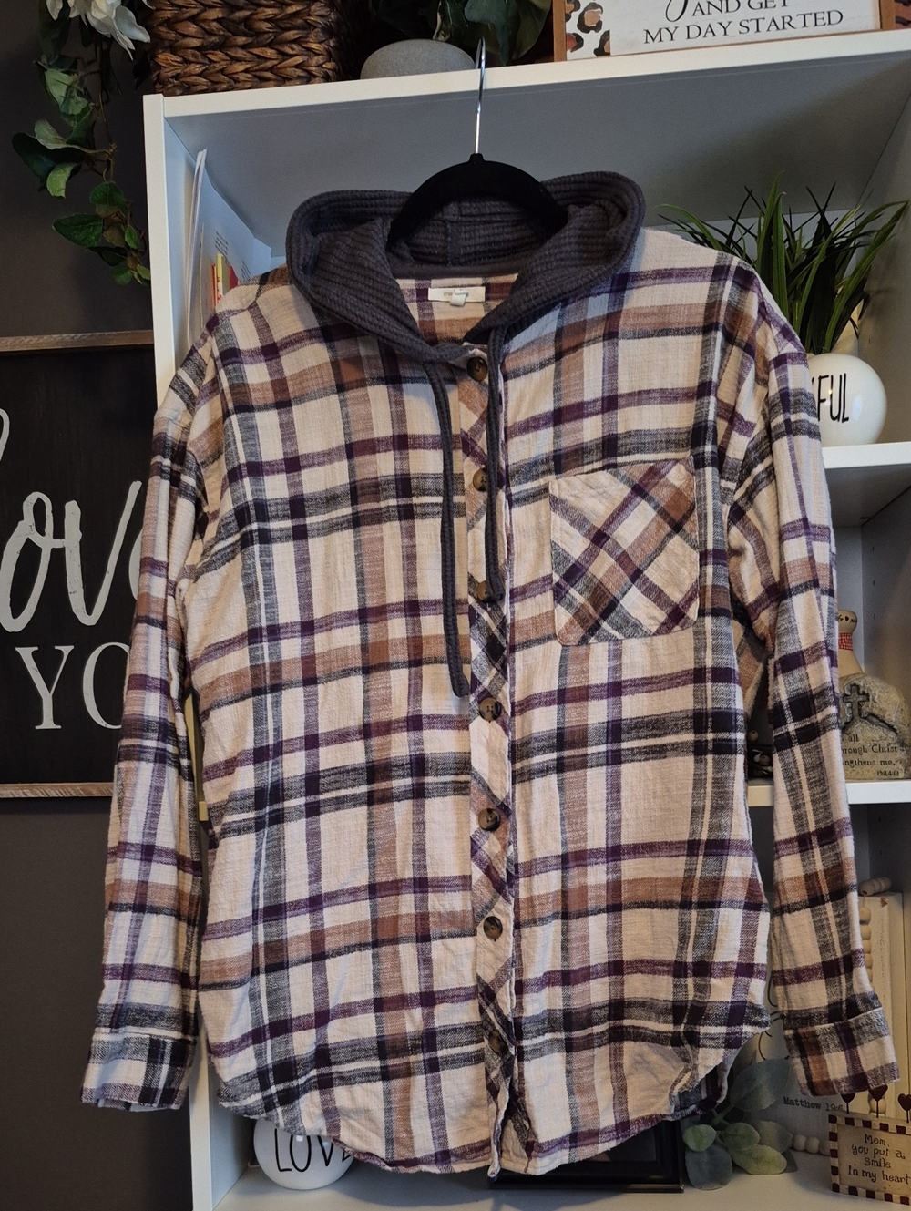 Plaid Hooded Button-Up Shirt - Cream & Purple